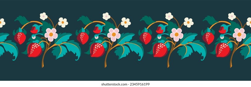 Floral ornamental pattern. Strawberries with fruits and flowers on a colored background . Vector illustration for banners, postcards, flyers, wallpapers for social networks, textiles, tablecloths, nap
