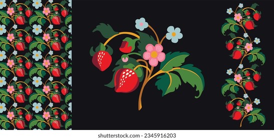Floral ornamental pattern. Strawberries with fruits and flowers on a colored background . Vector illustration for banners, postcards, flyers, wallpapers for social networks, textiles, tablecloths, nap