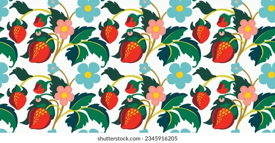 Floral ornamental pattern. Strawberries with fruits and flowers on a colored background . Vector illustration for banners, postcards, flyers, wallpapers for social networks, textiles, tablecloths, nap