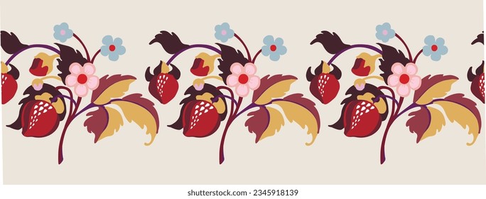 Floral ornamental pattern. Strawberries with fruits and flowers on a colored background . Vector illustration for banners, postcards, flyers, wallpapers for social networks, textiles, tablecloths, nap
