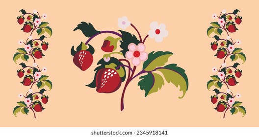Floral ornamental pattern. Strawberries with fruits and flowers on a colored background . Vector illustration for banners, postcards, flyers, wallpapers for social networks, textiles, tablecloths, nap