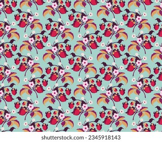 Floral ornamental pattern. Strawberries with fruits and flowers on a colored background . Vector illustration for banners, postcards, flyers, wallpapers for social networks, textiles, tablecloths, nap