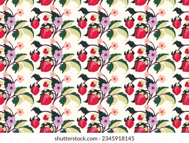 Floral ornamental pattern. Strawberries with fruits and flowers on a colored background . Vector illustration for banners, postcards, flyers, wallpapers for social networks, textiles, tablecloths, nap