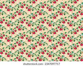 Floral ornamental pattern. Strawberries with fruits and flowers on a colored background . Vector illustration for banners, postcards, flyers, wallpapers for social networks, textiles, tablecloths, nap