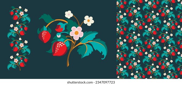Floral ornamental pattern. Strawberries with fruits and flowers on a colored background . Vector illustration for banners, postcards, flyers, wallpapers for social networks, textiles, tablecloths, nap