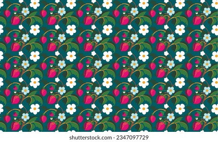 Floral ornamental pattern. Strawberries with fruits and flowers on a colored background . Vector illustration for banners, postcards, flyers, wallpapers for social networks, textiles, tablecloths, nap