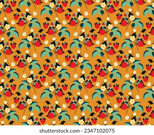 Floral ornamental pattern. Strawberries with fruits and flowers on a colored background . Vector illustration for banners, postcards, flyers, wallpapers for social networks, textiles, tablecloths, nap