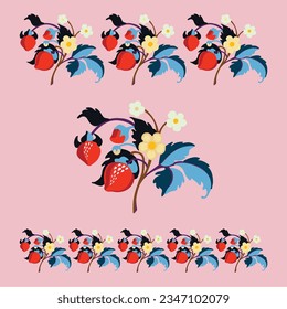 Floral ornamental pattern. Strawberries with fruits and flowers on a colored background . Vector illustration for banners, postcards, flyers, wallpapers for social networks, textiles, tablecloths, nap