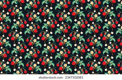 Floral ornamental pattern. Strawberries with fruits and flowers on a colored background . Vector illustration for banners, postcards, flyers, wallpapers for social networks, textiles, tablecloths, nap