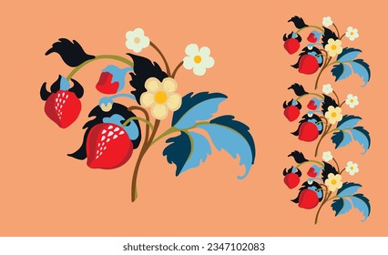 Floral ornamental pattern. Strawberries with fruits and flowers on a colored background . Vector illustration for banners, postcards, flyers, wallpapers for social networks, textiles, tablecloths, nap