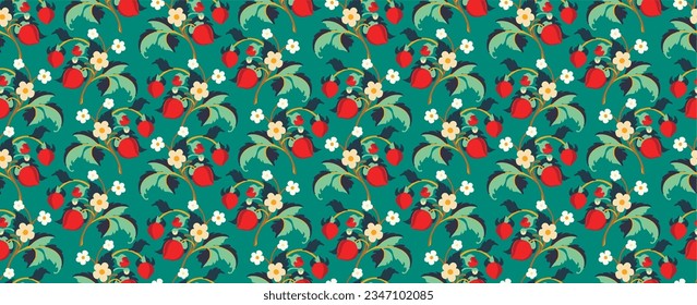Floral ornamental pattern. Strawberries with fruits and flowers on a colored background . Vector illustration for banners, postcards, flyers, wallpapers for social networks, textiles, tablecloths, nap