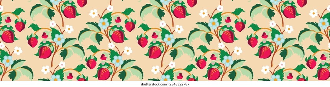 Floral ornamental pattern. Strawberries with fruits and flowers on a colored background . Vector illustration for banners, postcards, flyers, wallpapers for social networks, textiles, tablecloths, nap
