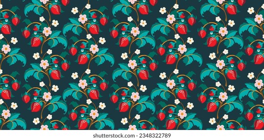 Floral ornamental pattern. Strawberries with fruits and flowers on a colored background . Vector illustration for banners, postcards, flyers, wallpapers for social networks, textiles, tablecloths, nap