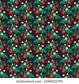 Floral ornamental pattern. Strawberries with fruits and flowers on a colored background . Vector illustration for banners, postcards, flyers, wallpapers for social networks, textiles, tablecloths, nap