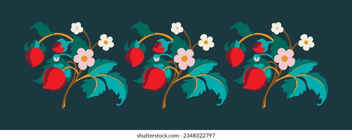 Floral ornamental pattern. Strawberries with fruits and flowers on a colored background . Vector illustration for banners, postcards, flyers, wallpapers for social networks, textiles, tablecloths, nap