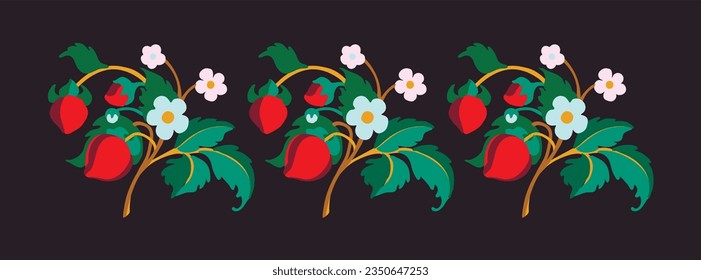 Floral ornamental pattern. Strawberries with fruits and flowers on a colored background . Vector illustration for banners, postcards, flyers, wallpapers for social networks, textiles, tablecloths, nap