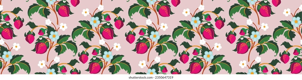 Floral ornamental pattern. Strawberries with fruits and flowers on a colored background . Vector illustration for banners, postcards, flyers, wallpapers for social networks, textiles, tablecloths, nap