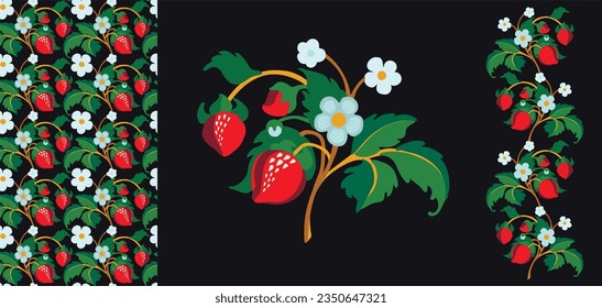 Floral ornamental pattern. Strawberries with fruits and flowers on a colored background . Vector illustration for banners, postcards, flyers, wallpapers for social networks, textiles, tablecloths, nap