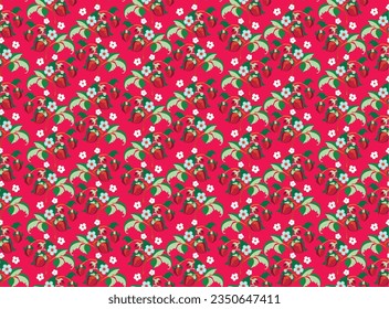 Floral ornamental pattern. Strawberries with fruits and flowers on a colored background . Vector illustration for banners, postcards, flyers, wallpapers for social networks, textiles, tablecloths, nap
