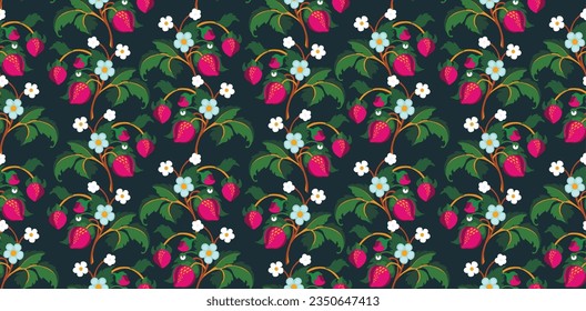 Floral ornamental pattern. Strawberries with fruits and flowers on a colored background . Vector illustration for banners, postcards, flyers, wallpapers for social networks, textiles, tablecloths, nap