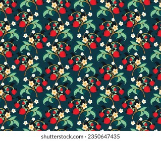 Floral ornamental pattern. Strawberries with fruits and flowers on a colored background . Vector illustration for banners, postcards, flyers, wallpapers for social networks, textiles, tablecloths.