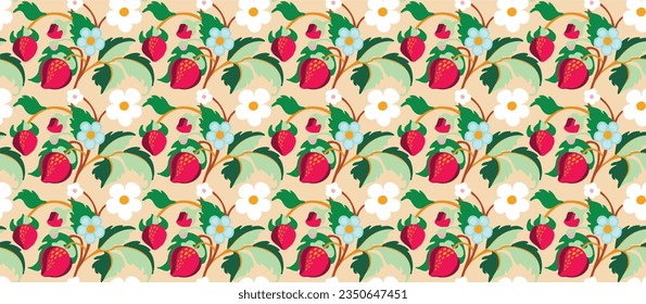 Floral ornamental pattern. Strawberries with fruits and flowers on a colored background . Vector illustration for banners, postcards, flyers, wallpapers for social networks, textiles, tablecloths, nap