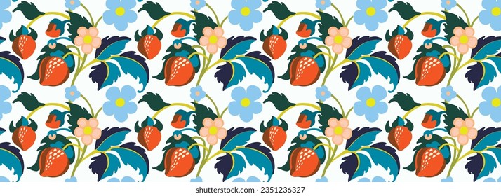 Floral ornamental pattern. Strawberries with fruits and flowers on a colored background . Vector illustration for banners, postcards, flyers, wallpapers for social networks, textiles, tablecloths, nap