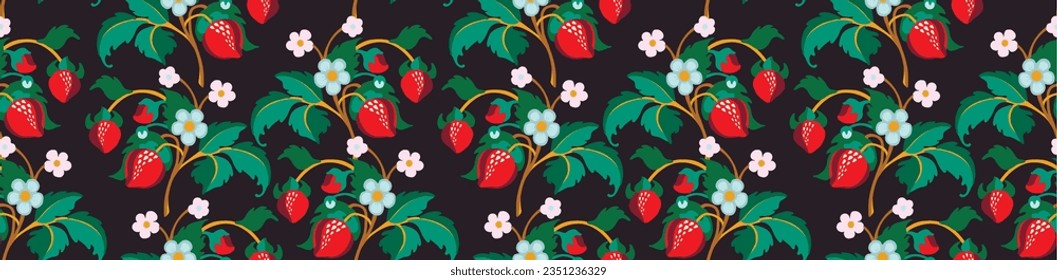 Floral ornamental pattern. Strawberries with fruits and flowers on a colored background . Vector illustration for banners, postcards, flyers, wallpapers for social networks, textiles, tablecloths, nap