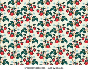 Floral ornamental pattern. Strawberries with fruits and flowers on a colored background . Vector illustration for banners, postcards, flyers, wallpapers for social networks, textiles, tablecloths, nap