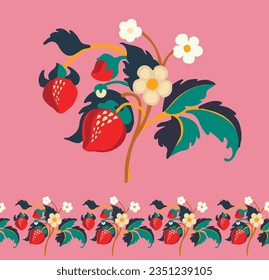 Floral ornamental pattern. Strawberries with fruits and flowers on a colored background . Vector illustration for banners, postcards, flyers, wallpapers for social networks, textiles, tablecloths, nap