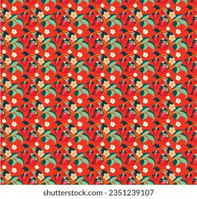 Floral ornamental pattern. Strawberries with fruits and flowers on a colored background . Vector illustration for banners, postcards, flyers, wallpapers for social networks, textiles, tablecloths, nap