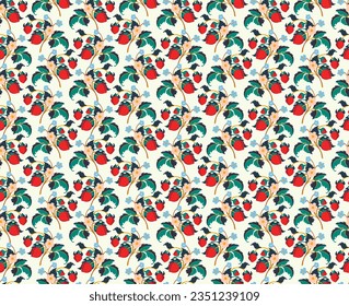 Floral ornamental pattern. Strawberries with fruits and flowers on a colored background . Vector illustration for banners, postcards, flyers, wallpapers for social networks, textiles, tablecloths, nap