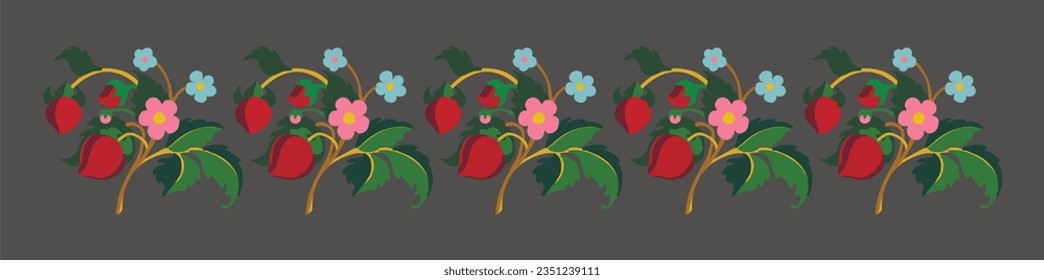 Floral ornamental pattern. Strawberries with fruits and flowers on a colored background . Vector illustration for banners, postcards, flyers, wallpapers for social networks, textiles, tablecloths, nap