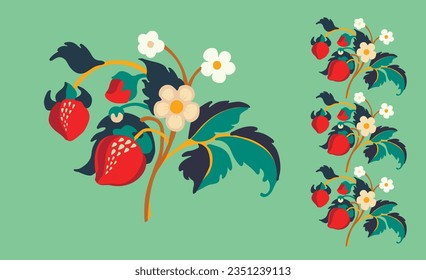 Floral ornamental pattern. Strawberries with fruits and flowers on a colored background . Vector illustration for banners, postcards, flyers, wallpapers for social networks, textiles, tablecloths, nap