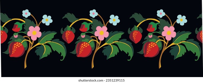 Floral ornamental pattern. Strawberries with fruits and flowers on a colored background . Vector illustration for banners, postcards, flyers, wallpapers for social networks, textiles, tablecloths, nap