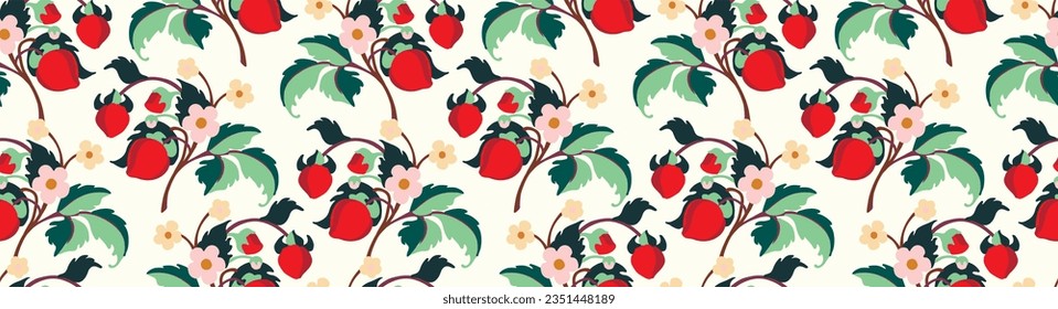 Floral ornamental pattern. Strawberries with fruits and flowers on a colored background . Vector illustration for banners, postcards, flyers, wallpapers for social networks, textiles, tablecloths, nap