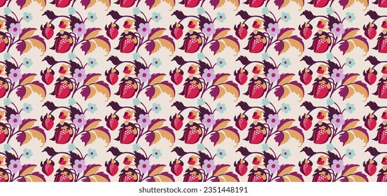Floral ornamental pattern. Strawberries with fruits and flowers on a colored background . Vector illustration for banners, postcards, flyers, wallpapers for social networks, textiles, tablecloths, nap