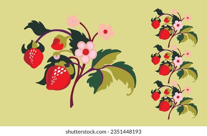 Floral ornamental pattern. Strawberries with fruits and flowers on a colored background . Vector illustration for banners, postcards, flyers, wallpapers for social networks, textiles, tablecloths, nap