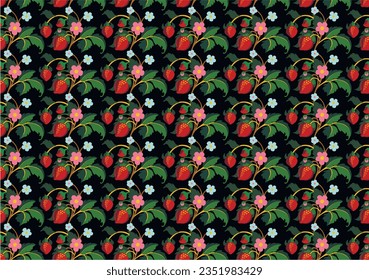 Floral ornamental pattern. Strawberries with fruits and flowers on a colored background . Vector illustration for banners, postcards, flyers, wallpapers for social networks, textiles, tablecloths, nap
