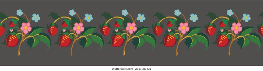 Floral ornamental pattern. Strawberries with fruits and flowers on a colored background . Vector illustration for banners, postcards, flyers, wallpapers for social networks, textiles, tablecloths, nap