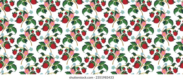 Floral ornamental pattern. Strawberries with fruits and flowers on a colored background . Vector illustration for banners, postcards, flyers, wallpapers for social networks, textiles, tablecloths, nap