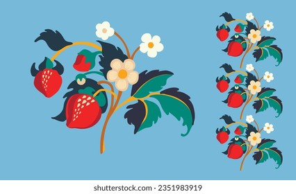 Floral ornamental pattern. Strawberries with fruits and flowers on a colored background . Vector illustration for banners, postcards, flyers, wallpapers for social networks, textiles, tablecloths, nap