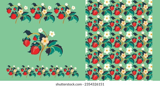Floral ornamental pattern. Strawberries with fruits and flowers on a colored background . Vector illustration for banners, postcards, flyers, wallpapers for social networks, textiles, tablecloths, nap