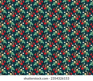 Floral ornamental pattern. Strawberries with fruits and flowers on a colored background . Vector illustration for banners, postcards, flyers, wallpapers for social networks, textiles, tablecloths, nap