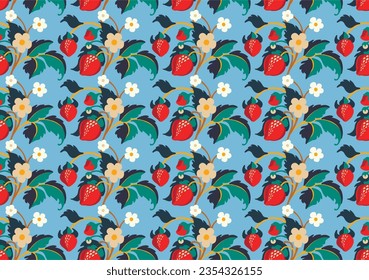 Floral ornamental pattern. Strawberries with fruits and flowers on a colored background . Vector illustration for banners, postcards, flyers, wallpapers for social networks, textiles, tablecloths, nap