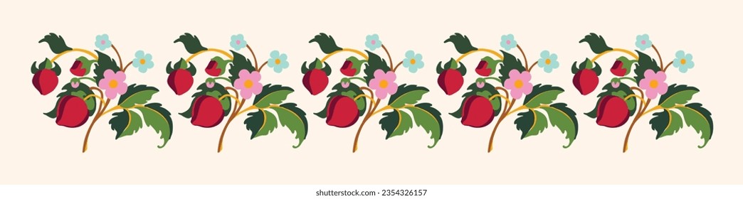 Floral ornamental pattern. Strawberries with fruits and flowers on a colored background . Vector illustration for banners, postcards, flyers, wallpapers for social networks, textiles, tablecloths, nap