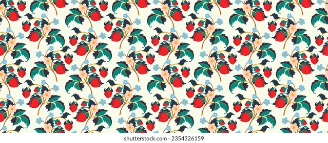 Floral ornamental pattern. Strawberries with fruits and flowers on a colored background . Vector illustration for banners, postcards, flyers, wallpapers for social networks, textiles, tablecloths, nap