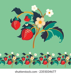 Floral ornamental pattern. Strawberries with fruits and flowers on a colored background . Vector illustration for banners, postcards, flyers, wallpapers for social networks, textiles, tablecloths