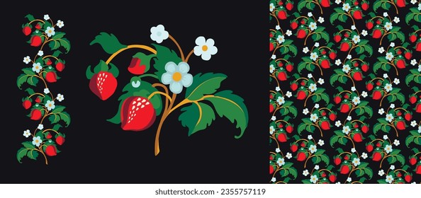 Floral ornamental pattern. Strawberries with fruits and flowers on a colored background . Vector illustration for banners, postcards, flyers, wallpapers for social networks, textiles, tablecloths, nap
