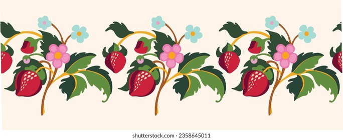 Floral ornamental pattern. Strawberries with fruits and flowers on a colored background . Vector illustration for banners, postcards, flyers, wallpapers for social networks, textiles, tablecloths, nap